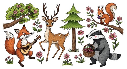 Whimsical Forest Animals and Trees Hand Drawn Illustration Set.