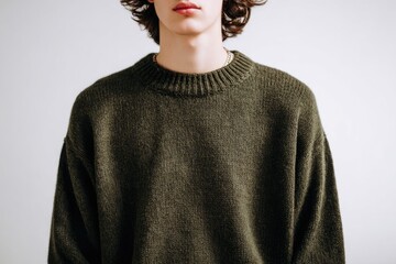 Close-up of a person's upper body wearing a dark olive-green chunky knit sweater.  The focus is on the sweater's texture and neckline