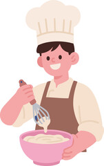 A happy young male baker wearing a chef hat and an apron, whisking batter in a pink bowl. Baking and cooking.