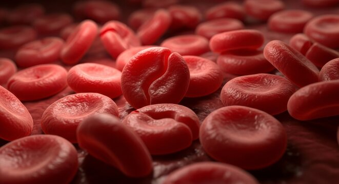 A close up view of many red blood cells showing their biconcave disc shape clearly