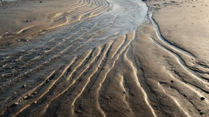 Fototapeta premium Wet Sand and Tide Marks Reflecting Light in Natural Background