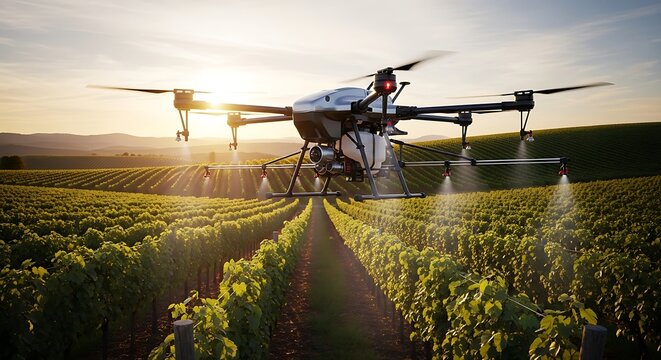Drone spraying liquid onto rows of grapevines in a sunlit vineyard at sunset agriculture farming