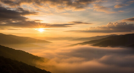 Obraz premium Misty Dawn Over the Peaks