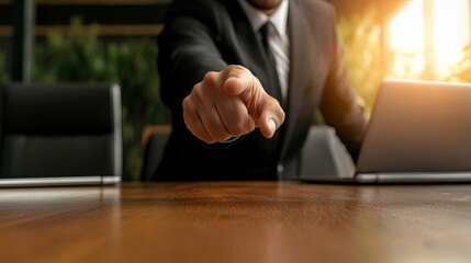A businessman in a suit points assertively towards the camera, conveying authority and focus in a modern office setting.