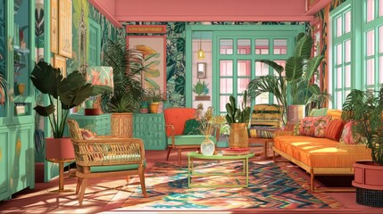 Brightly Colored Tropical Indoor Room with Lush Greenery Decor