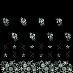 Embroidery border lace seamless pattern with beautiful flowers. Handmade floral ornament on dark background. Embroidery for fashion products. Elegant tiled