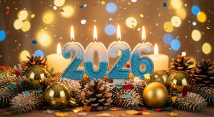 Happy new year 2026 celebration with candles and decorations