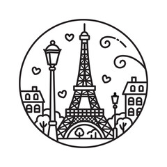 Eiffel Tower in the center of Paris. Linear illustration in doodle style