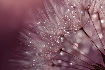 Close-up of a dandelion seed head, covered in water droplets. Soft focus, with a blurred magenta background