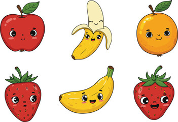 Cute Cartoon Fruits, Apple, Banana, Orange, Strawberry, Kawaii Fruit Characters, Happy Healthy Food, Funny Fruit Illustrations, Smiling Fruits, Organic Fruits