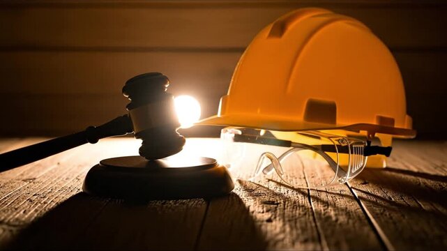 Construction law and workplace safety concept with a judge's gavel, hard hat, and protective glasses on a wooden desk.