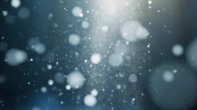 Floating particles in air with bokeh effect. Abstract white dust or snow fly and shimmer on background.
