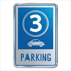 Rectangular parking sign, blue background with silver border, displaying the number 3 in a circle, a car icon, and the word PARKING