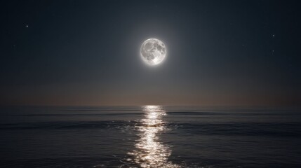 Full Moon Shining Over Tranquil Sea at Night