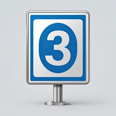 A rectangular road sign, light gray border, royal blue background, displaying a white numeral "3" in a circle. Mounted on a metallic stand