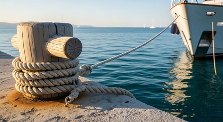 Obraz premium Mooring Rope Tied to Bollard on Dock.