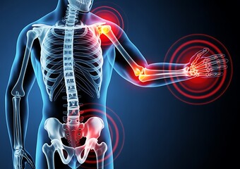 Human skeleton showing pain points in joints and muscles