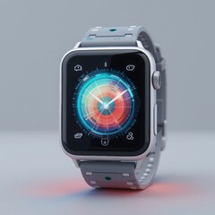 Modern smartwatch with colorful digital watch face displayed on a light gray background