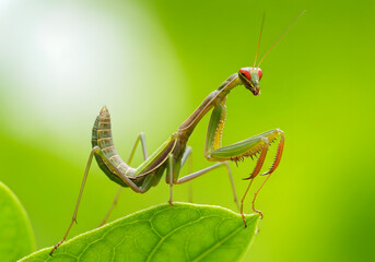 Green Praying Mantis on Leaf with Red Eyes