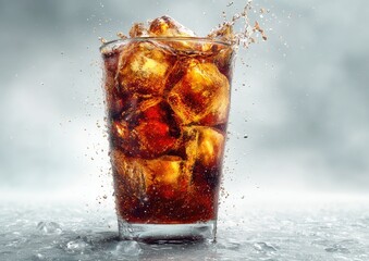 A glass of cold cola with ice, splashing