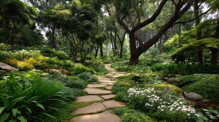 Serene Pathway Through Lush Botanical Garden Surrounded by Trees