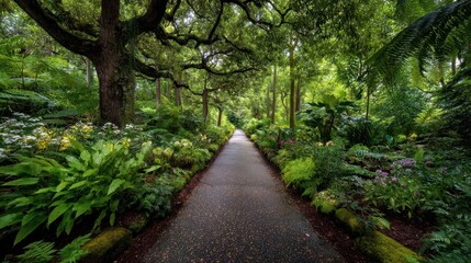 Fototapeta premium Serene Pathway Through Lush Botanical Garden Experience