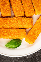 Fish stick seafood fish mince second course tasty snack fresh delicious gourmet food background on the table rustic food top view copy space pescetarian diet