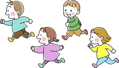 楽しそうに走る子供たち　横向き　男の子　女の子
