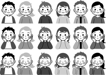 子供の表情のバリエーションセット　男の子　女の子　モノクロ