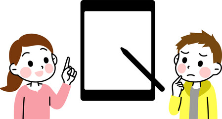 タブレット　不安な男の子　ひらめく女の子