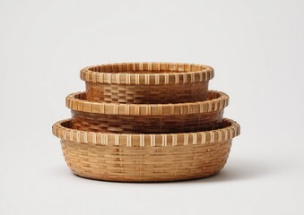 Three nested, round, light brown woven baskets