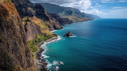 Obraz premium Breathtaking Cliffside View Overlooking Vast Ocean Waves and Landscape