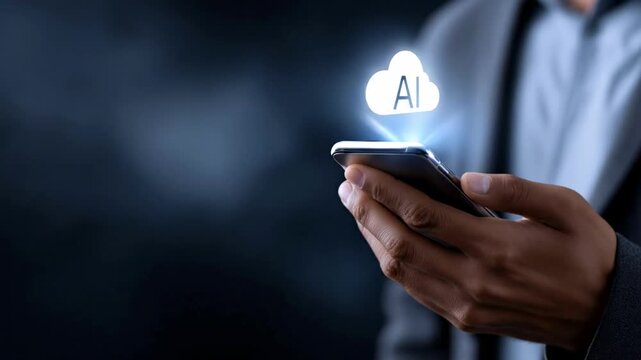 Man using smartphone with AI cloud symbol on dark background