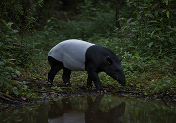 Malayan Tapir in Rainforest at Water's Edge