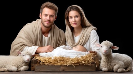 Couple with newborn in a rustic setting surrounded by sheep during a peaceful moment in a stable at night
