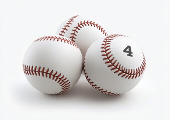Three baseballs, white with red stitching, and the number 4 on one