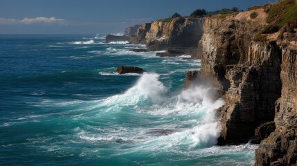 Scenic Coastal Cliffs with Crashing Waves Under Clear Blue Sky