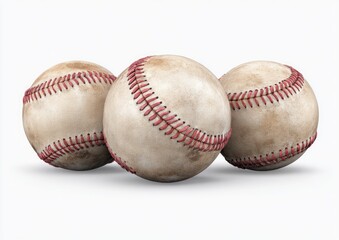 Three weathered baseballs, light beige with reddish stitching, rest in a horizontal row against a plain white backdrop.  The balls show signs of wear and age