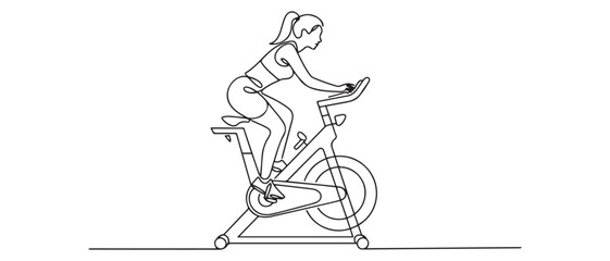 Single continuous line drawing of young sportive woman training endurance with static bike in sport gymnasium club center. Fitness stretching concept. Vector black silhouette. with white background