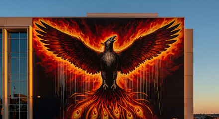 Majestic Phoenix Mural on Building Facade with Fiery Wings, Symbolizing Rebirth and Power