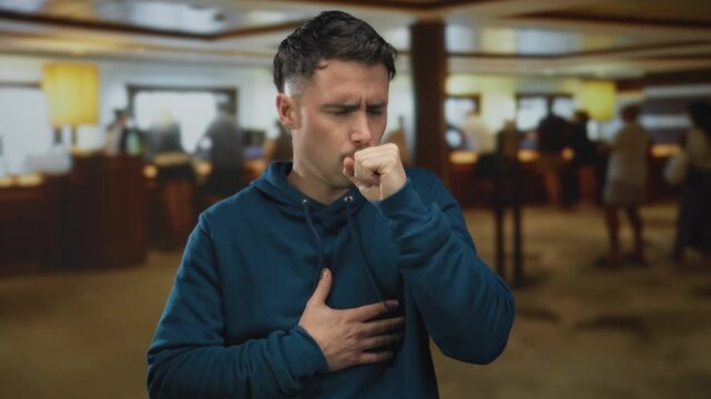 Young hispanic man wearing blue hoodie coughing in a busy hotel lobby filled with people walking in the background, indicating an indoor environment and possible health issue.