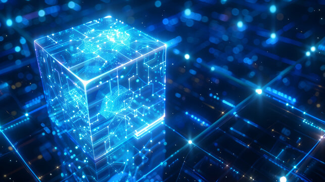 A transparent cube representing a digital blockchain is surrounded by glowing blue lights and complex circuit designs, creating a futuristic atmosphere filled with technological elements