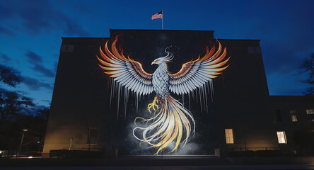 Majestic Phoenix Mural on Building Facade at Dusk, Illuminated Urban Art Symbolizing Rebirth