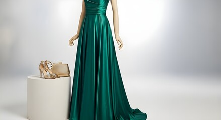 Elegant Woman in Emerald Green Satin Evening Gown | Full Length Studio Portrait for Fashion, Bridal, and Formal Wear Advertising