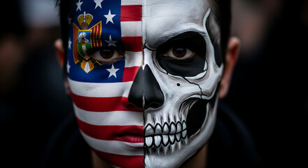 Conceptual Portrait: Half US Flag, Half Skull Face Paint