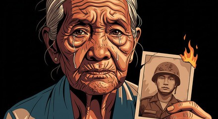 Grieving elderly woman with tears holding a burning photograph of a soldier, symbolizing war's loss and sacrifice.
