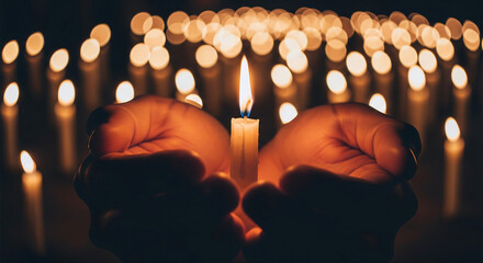 Hands Cupping Lit Candle, Warm Glow in Dark, Bokeh Background of Flickering Lights