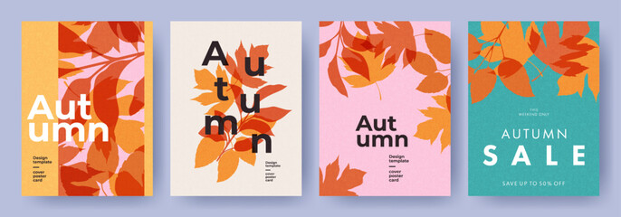 Fototapeta na wymiar Set of trendy minimal autumn posters or covers with bright beautiful leaves and modern typography. Fall background, Sale banner, or flyer design. Template for advertising, web, social media