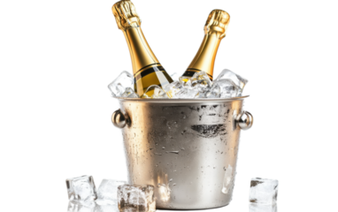Champagne bottle in ice bucket isolated on white background, png