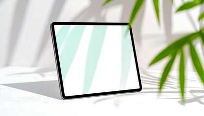 Modern tablet on a white surface, illuminated by natural light and shadows